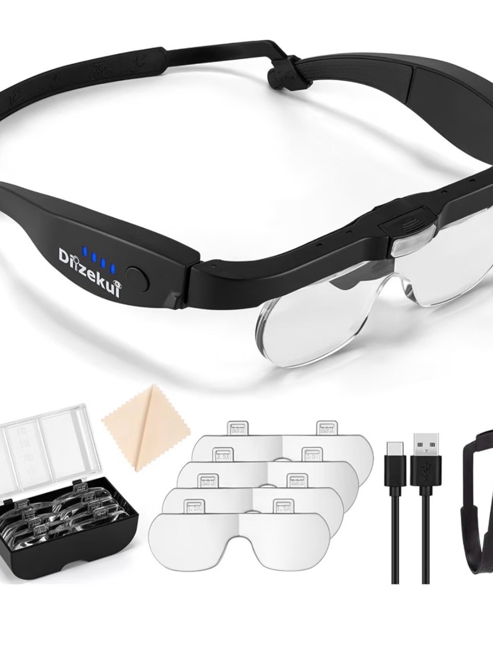 Drizekui Black Rechargeable LED Headband Magnifier Glasses